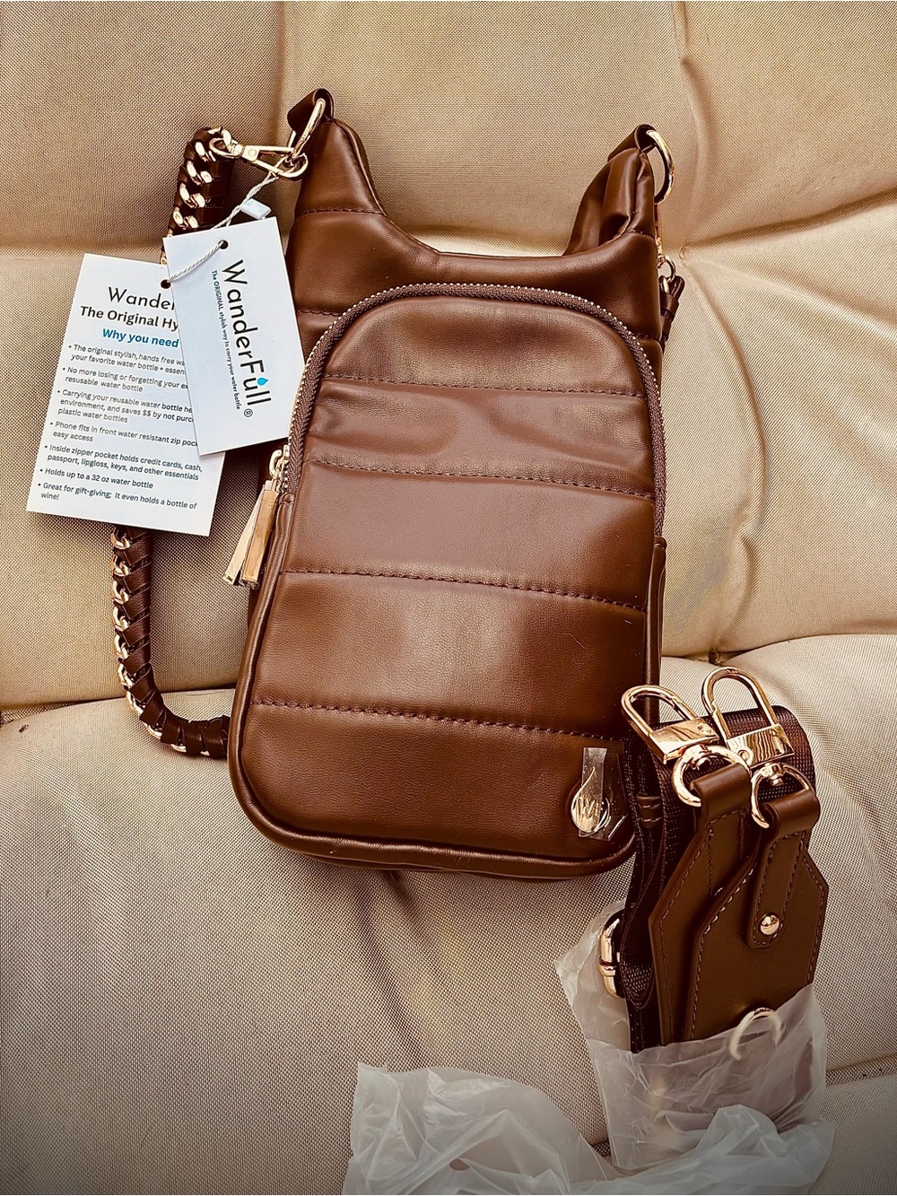 WanderFull Brown Quilted Crossbody Bag with Gold Hardware